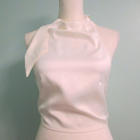 Cider Tops - Cider Tie Back Backless Halter Solid Crop Top with Back Zipper-Cream/Beige-S-NWT